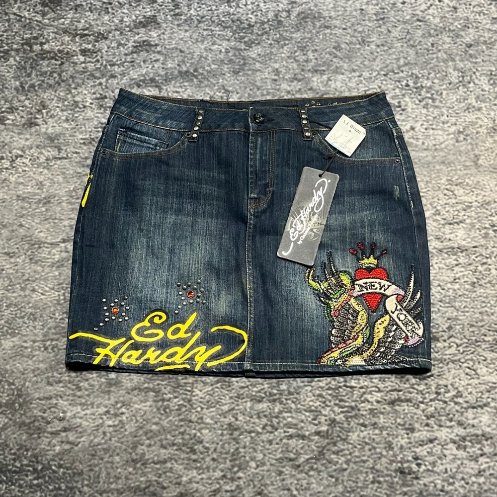 Ed Hardy Denim‎ Mini Skirt Womens 6 (32" Waist) Vintage Y2K Skull Grunge NEW